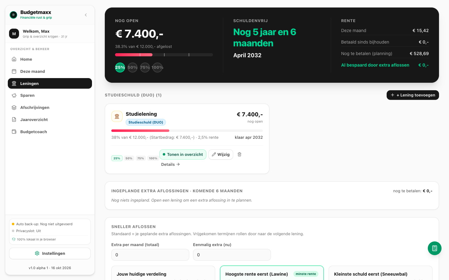Leningenpagina met een studielening van &euro; 7.400,-, schuldenvrij in april 2032